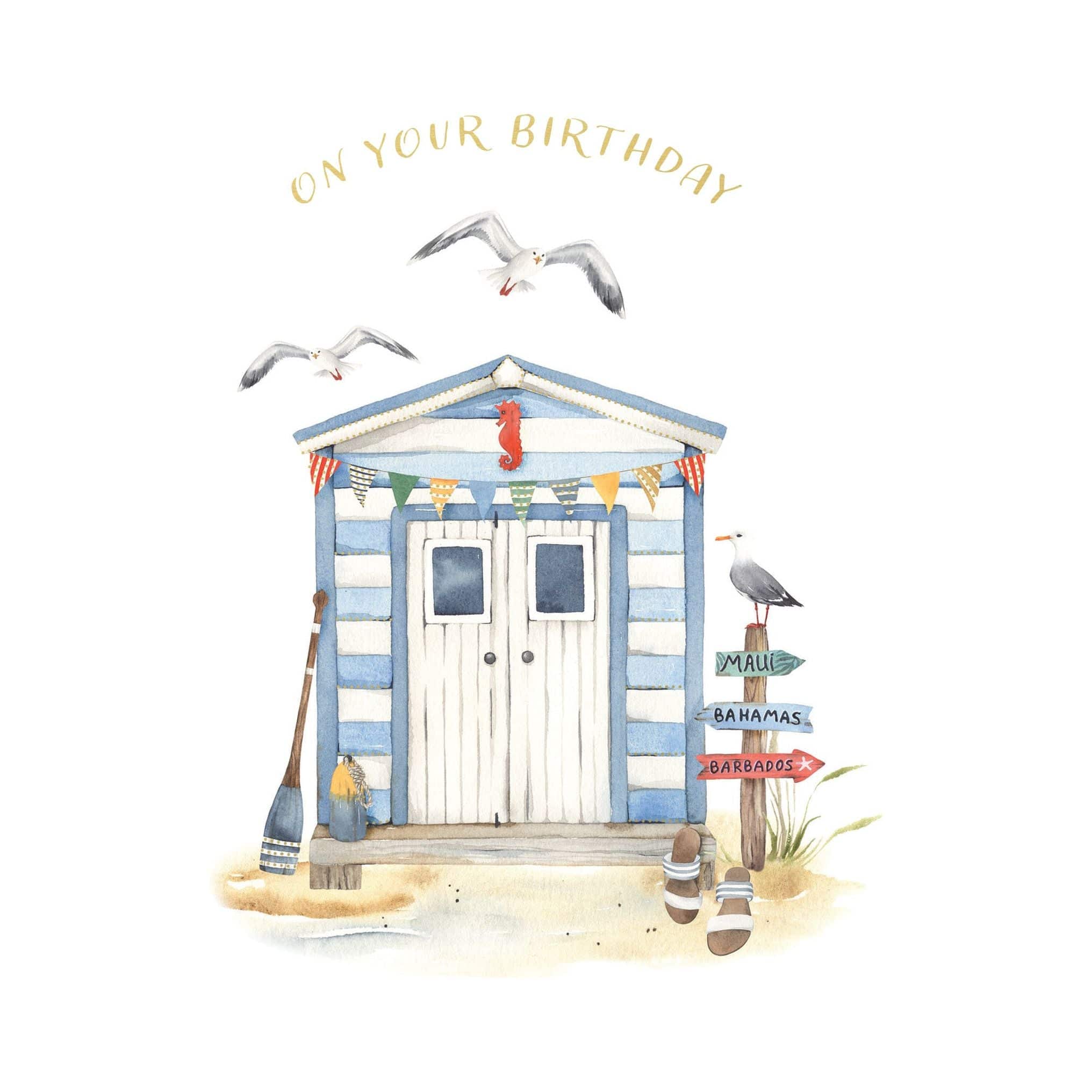 Pictura Beach House birthday card featuring a seaside house illustration, perfect for celebrating birthdays with a coastal theme.